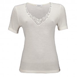Tee-Shirt Manches Courtes Col V Dentelles, Emily, Laine-Soie-Coton