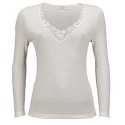 Tee-Shirt Manches Longues Col V Dentelles, Emily, Laine-Soie-Coton