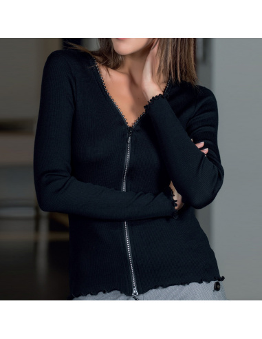 Gilet Zip Strass Manches Longues, 85% Laine 15% Soie, Moretta 5391-NERO