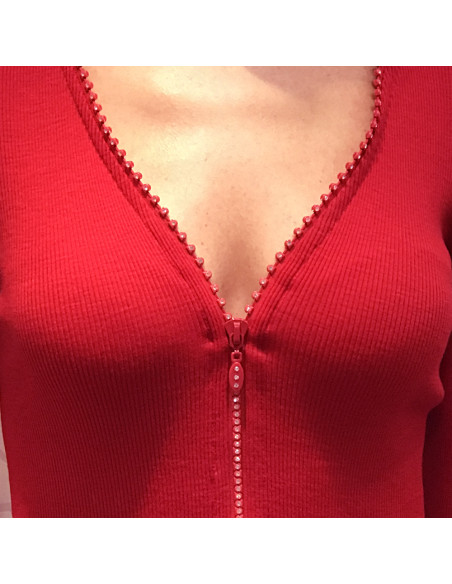 Gilet Zip Strass Manches Longues, 85% Laine 15% Soie, Moretta 5391-ROSSO