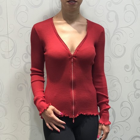 Gilet Zip Strass Manches Longues, 85% Laine 15% Soie, Moretta 5391-ROSSO