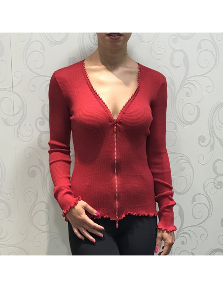 Gilet Zip Strass Manches Longues, 85% Laine 15% Soie, Moretta 5391-ROSSO