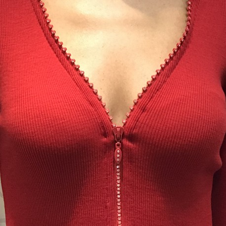 Gilet Zip Strass Manches Longues, 85% Laine 15% Soie, Moretta 5391-ROSSO