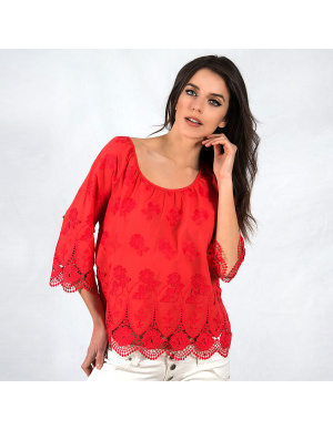 Top Manches 3/4 Fil d'Ecosse Voile Coton Brodé, Oscalito 4612-656