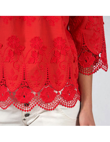 Top Manches 3/4 Fil d'Ecosse Voile Coton Brodé, Oscalito 4612-656