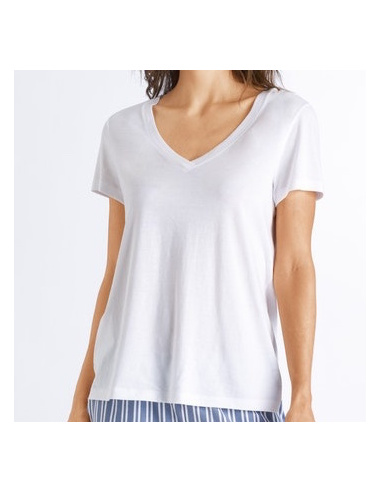 T-Shirt Manches Courtes Col V, Sleep & Lounge - Blanc, Hanro, 077876-0101