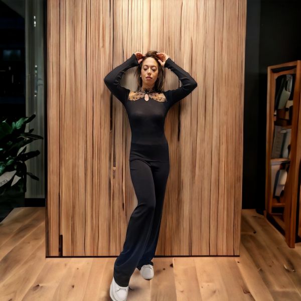 Pull Manches Longues, 85% Laine 15% Soie, Moretta 5926-NERO