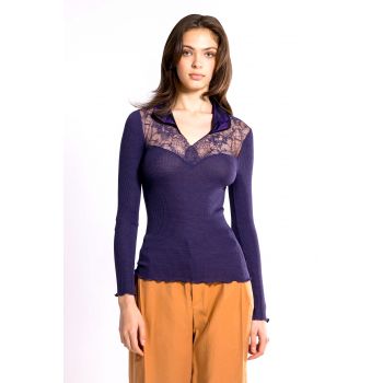 Top Manches Longues Col V Plastron Dentelle Chantilly, Oscalito 6828-666 2