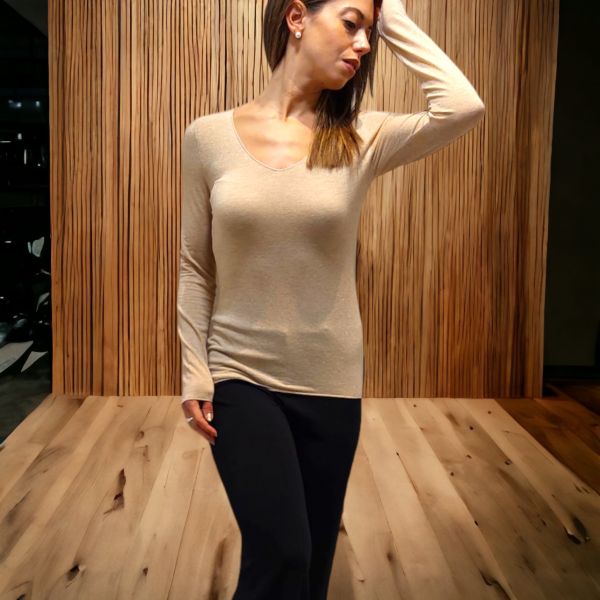 Pull Manche Longue Modal, Cachemire Lurex, Moretta 5898LUX-BEIGE