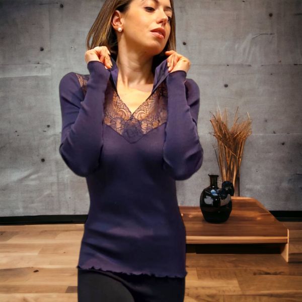 Top Manches Longues Col V Plastron Dentelle Chantilly, Oscalito 6828-666