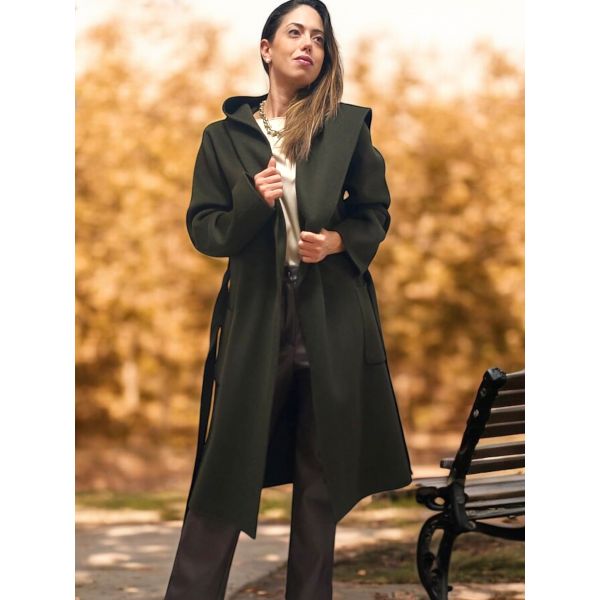 3/4 Hooded Double Breasted Coat in Wool, Lou Andrea LOU430773-BRONZE