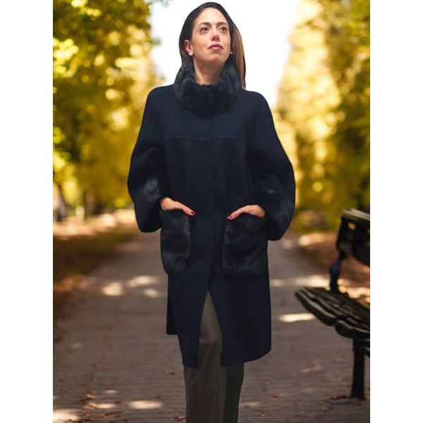 3/4 Buttoned Coat in Wool and Mink, Lou Andrea SUN-7768