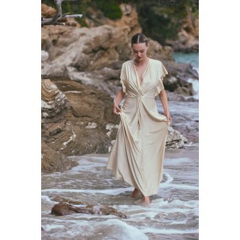 Robe Longue de Plage en Maille Drapée, Ambre, Marjolaine 6AMB3005-0003