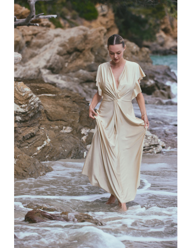 Robe Longue de Plage en Maille Drapée, Ambre, Marjolaine 6AMB3005-0003