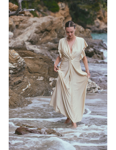Robe Longue de Plage en Maille Drapée, Ambre, Marjolaine 6AMB3005-0003