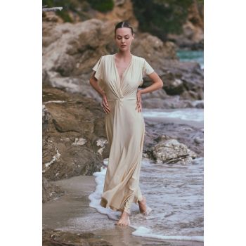 Robe Longue de Plage en Maille Drapée, Ambre, Marjolaine 6AMB3005-0003 2