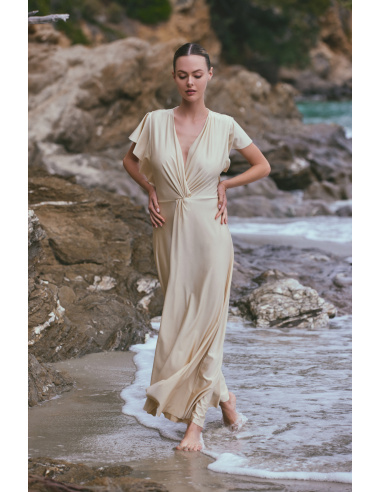 Robe Longue de Plage en Maille Drapée, Ambre, Marjolaine 6AMB3005-0003