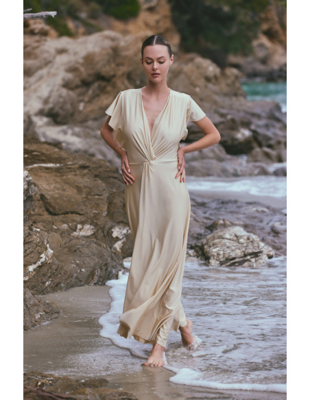 Robe Longue de Plage en Maille Drapée, Ambre, Marjolaine 6AMB3005-0003