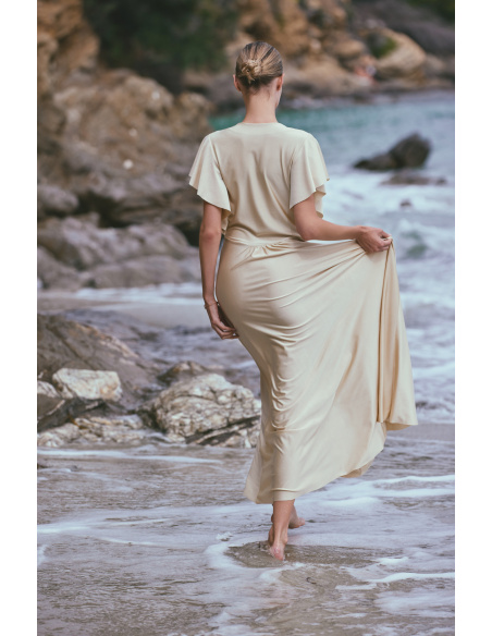 Robe Longue de Plage en Maille Drapée, Ambre, Marjolaine 6AMB3005-0003