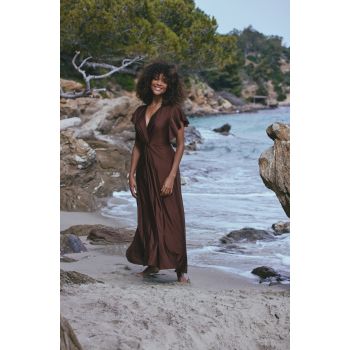 Robe Longue de Plage en Maille Drapée, Ambre, Marjolaine 6AMB3005-0035