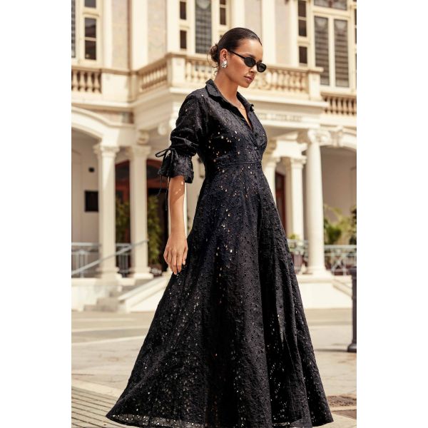 Long Dress with 3/4 Sleeves, Camilla, Iconique IC25-046-BLACK