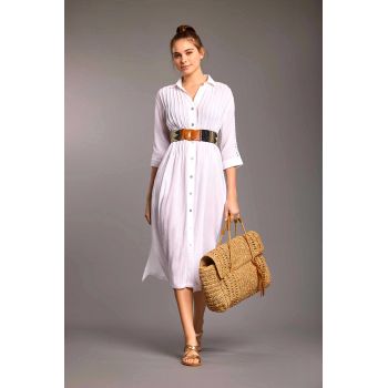 Robe Longue Boutonnée Crépon Manches 3/4, Olivia, Iconique IC25-111-WHITE