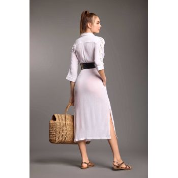 Robe Longue Boutonnée Crépon Manches 3/4, Olivia, Iconique IC25-111-WHITE 2