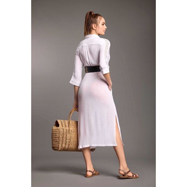 Robe Longue Boutonnée Crépon Manches 3/4, Olivia, Iconique IC25-111-WHITE