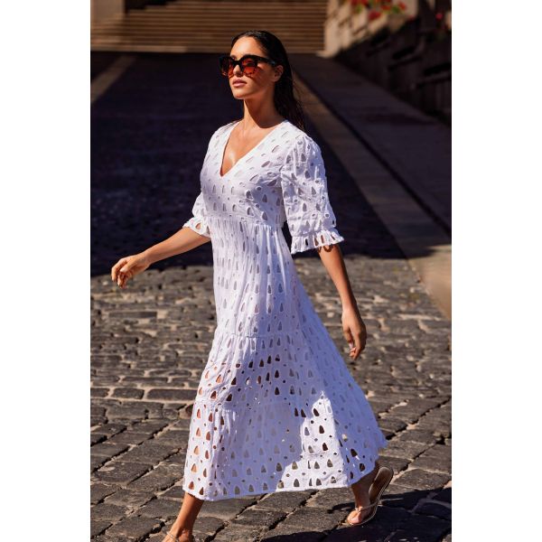 Robe Longue Manches 3/4, Alicudi, David DB25-003-WHITE