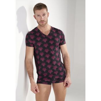 Short-Sleeved V-Neck T-Shirt, Carlyle - Bordeaux Print, Hom 403092-P0ZQ 2