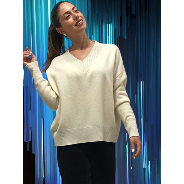 Pull Manches Longue Col V Laine Cardée et Lurex Blanc/Argent, Oscalito 7672L-101