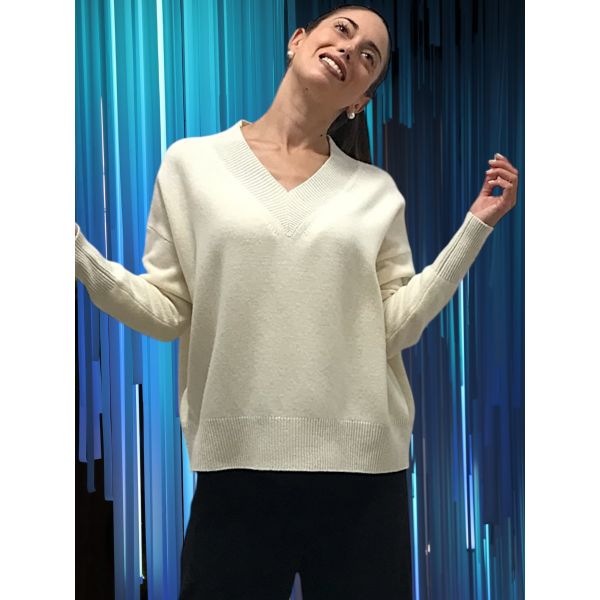 Pull Manches Longue Col V Laine Cardée et Lurex Blanc/Argent, Oscalito 7672L-101