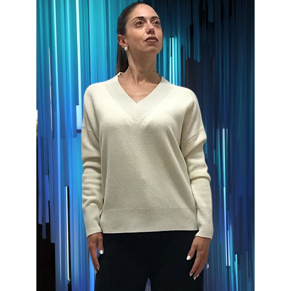 Pull Manches Longue Col V Laine Cardée et Lurex Blanc/Argent, Oscalito 7672L-101