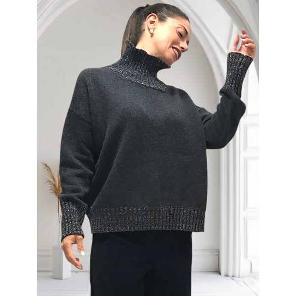 Pull Manches Longue Col Rond Laine Cardée et Lurex Ardoi/Pla, Oscalito 7671L-212