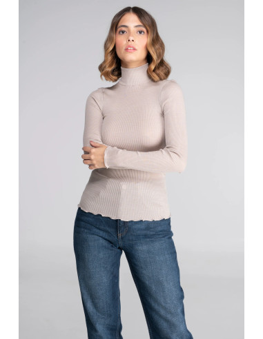 Top Manches Longues Plissé Col Roulé 100% Soie, Oscalito 9516-350