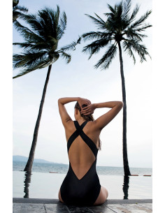 Crossover Back One-Piece Swimsuit, Capri, Pain De Sucre CAPRI61-NOIR