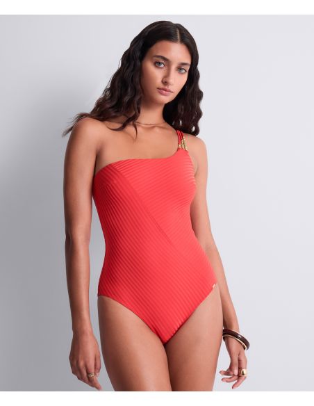 Maillot de Bain 1 Pièce Nageur Asymétrique, Sun Pop - Coral, Aubade 6R67-A-CORA