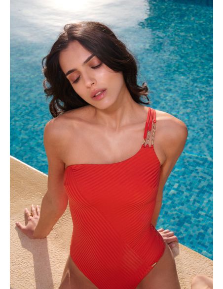Maillot de Bain 1 Pièce Nageur Asymétrique, Sun Pop - Coral, Aubade 6R67-A-CORA