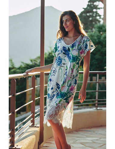 Midi-length nightgown in floral print satin, Cléa, Marjolaine 4CLE3401-0183