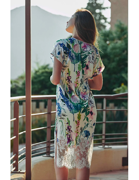 Midi-length nightgown in floral print satin, Cléa, Marjolaine 4CLE3401-0183
