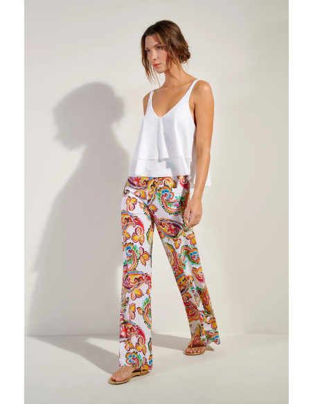 Pantalon Fluide en Voile Léger Extensible, Patie Paisley, Pain De Sucre PATIE02
