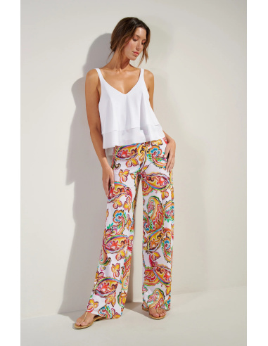 Pantalon Fluide en Voile Léger Extensible, Patie Paisley, Pain De Sucre PATIE02