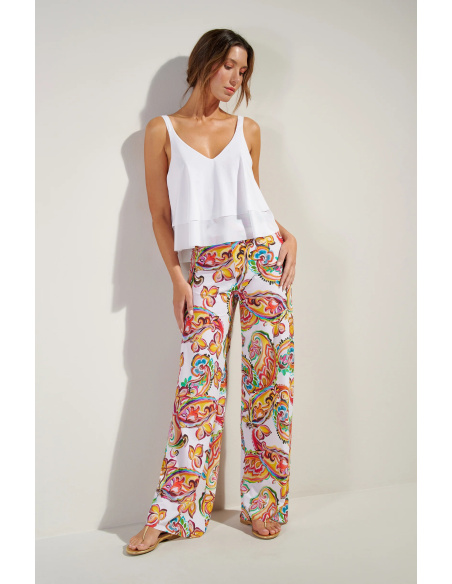 Pantalon Fluide en Voile Léger Extensible, Patie Paisley, Pain De Sucre PATIE02