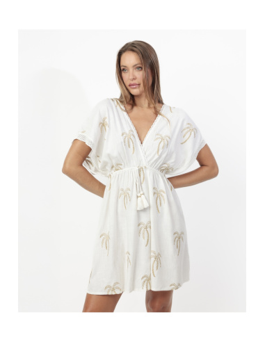 Golden Palms Women's Short-Sleeve Linen Dress, Ad Selection 19941-BLANC