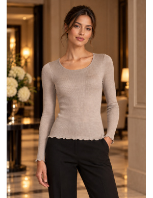 Top Long Sleeves Pleated Crew Neck 100% Silk, Oscalito 9515-350