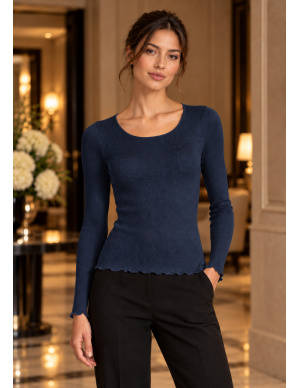 Top Long Sleeves Pleated Crew Neck 100% Silk, Oscalito 9515-254